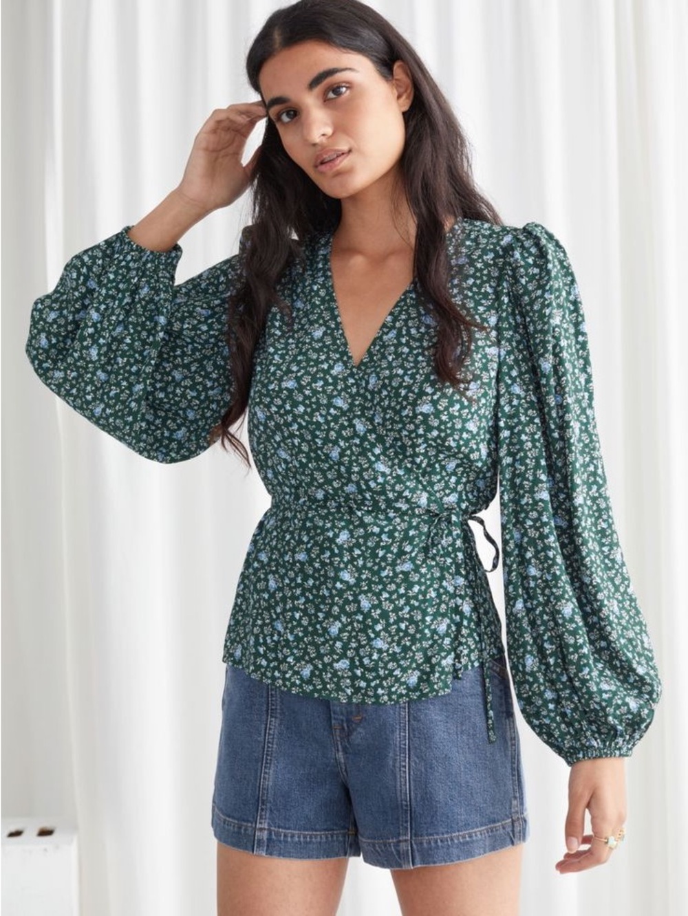 & Other Stories Puff Sleeve Floral Wrap Blouse Green Size 4